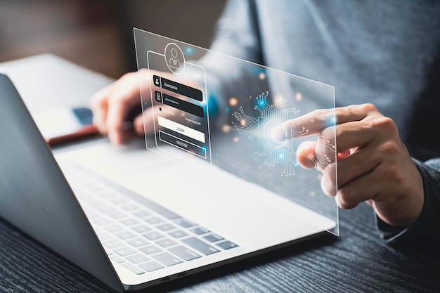 サイバーセキュリティとネットワーキングの概念のログインとパスワードユーザー入力パスワード個人情報への安全なアクセスサイバーセキュリティと暗号化の安全な仮想デジタルディスプレイでのインターネットアクセス
