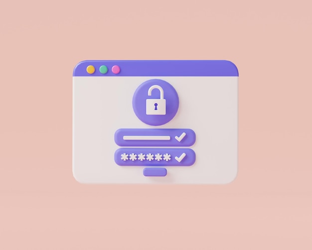 Login and password with padlock icon on web page Sign in to account secure login and password user login success cyber security Security personal data register 3d icon render illustration