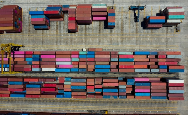 Photo logistic business, import export shipping, aerial view container international shipping