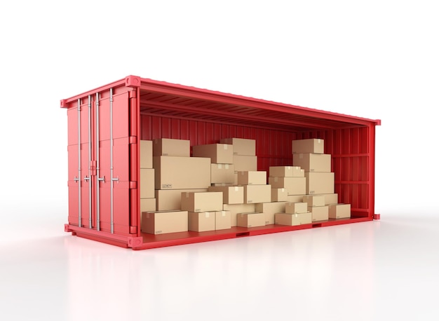 Logistic business with heap of carton boxes or cardboard boxes in red container