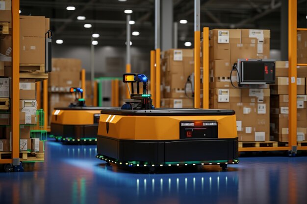 Logistic centers warehouse interior featuring an automated guided vehicle for efficient deliveries