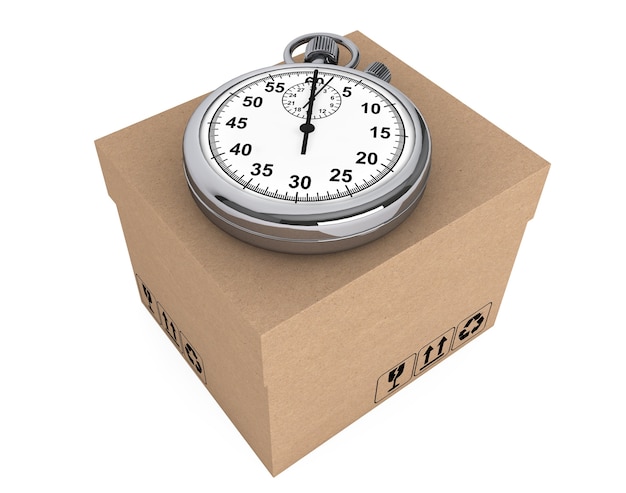 Logistic concept. Stopwatch and box on a white background