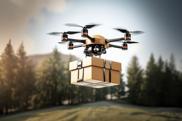 a logistic drone flying up and holding a big paper derlivery box on sky