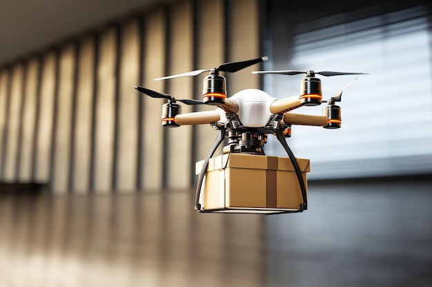 a logistic drone flying up and holding a big paper derlivery box on sky