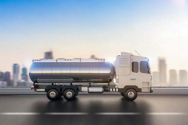 Foto camion o camion semirimorchio cisterna dell'olio logistico su strada autostradale