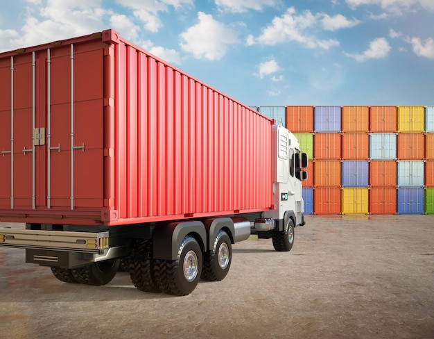 Foto autocarro con rimorchio rosso logistico o autocarro per veicoli elettrici al terminal container