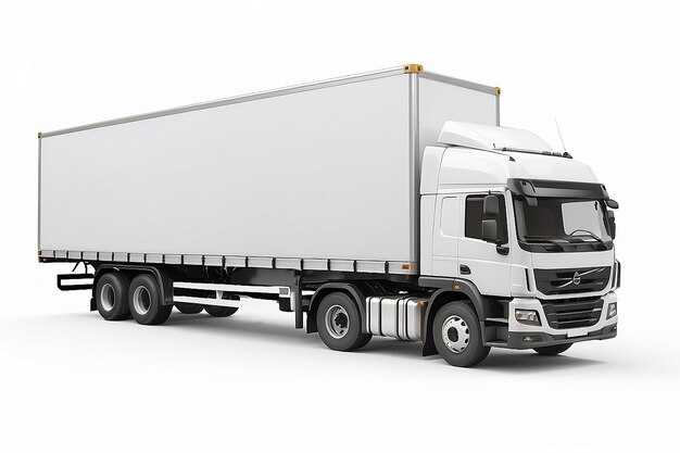 Logistic trailer truck or lorry with empty container open on white background