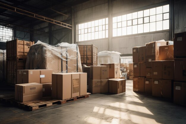 Logistic warehouse full of cardboard boxes concept of logistics and parcel delivery Generative AI