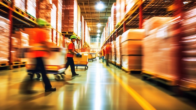 Logistics business warehouse shipment and loading concept workers in reflective vests blurred with