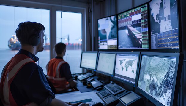 Photo logistics chain of cargo movement on interactive screen of logistics office against backdrop of port