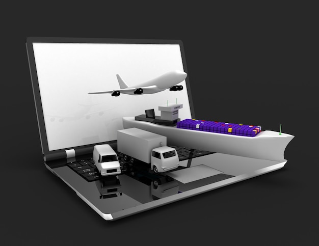 Концепция логистики. ноутбук, самолет, корабль, грузовик. 3D визуализированная иллюстрация