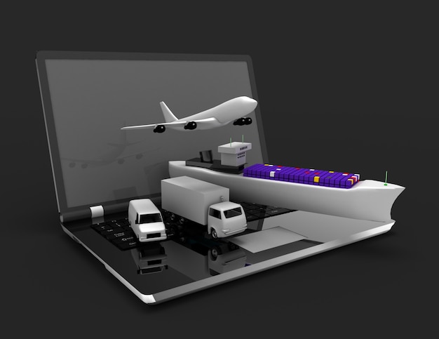 Logistics concept. laptop , plane, ship, truck . 3d rendered illustration