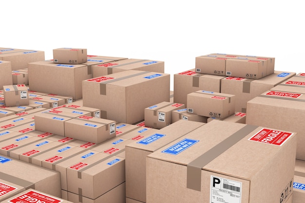 Logistics Concept. Stack of Cardboard Boxes in Warehouse on a white background. 3d Rendering