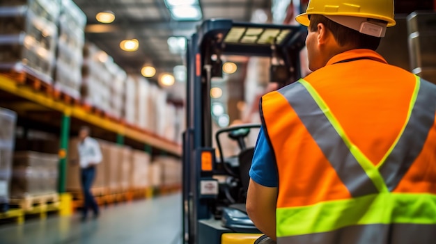 A logistics employee is operating a forklift truck in a busy warehouse