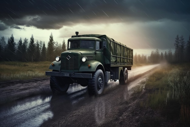 Logistics lorry vehicle truck driving along a dirt track in action on a military exercise