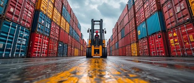 Foto logistics personnel guy and worker forklift driver loading container cargo in shipping yard asiatic nation