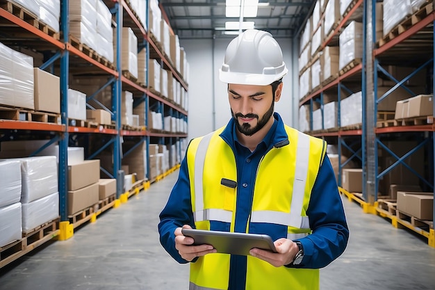 Photo logistics professional checking tablet amidst truck fleet in warehouse