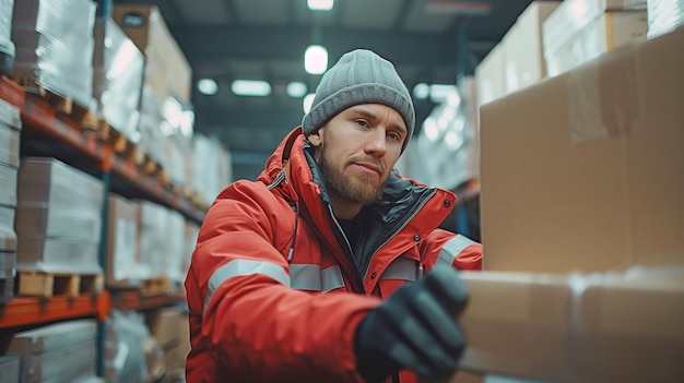 In a logistics retail warehouse a worker loads cardboard boxes into a delivery van online acquisitions