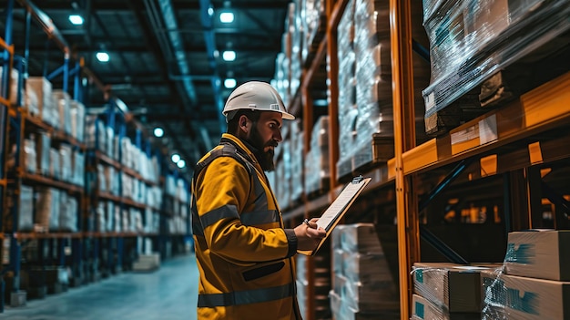 Logistics service man writing documents on clipboard in warehouse copy space for text