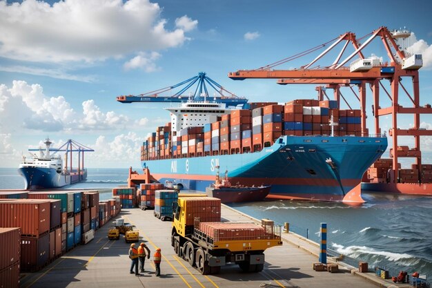 Photo logistics ship docked by the seaside with containers being loaded and unloaded ai generated