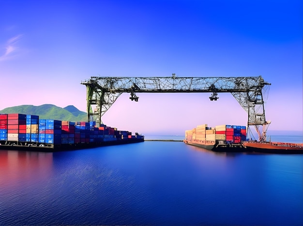 Photo logistics ship with sea and purple sky