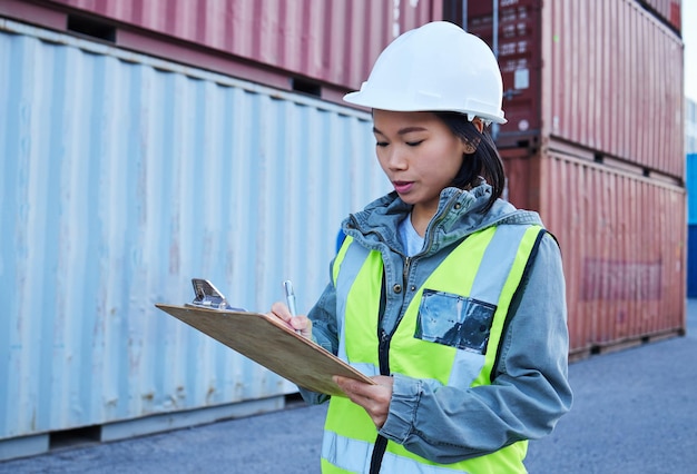 Logistics shipping and asian woman engineer writing checklist report for inspection or delivery control of cargo containers at shipyard Supply chain worker in safety helmet at a warehouse in Korea