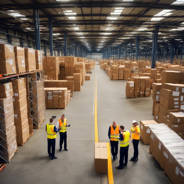 Logistics staff working outside large logistics warehouses