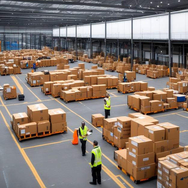 Logistics staff working outside large logistics warehouses