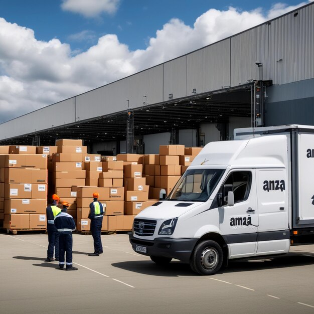 Logistics staff working outside large logistics warehouses