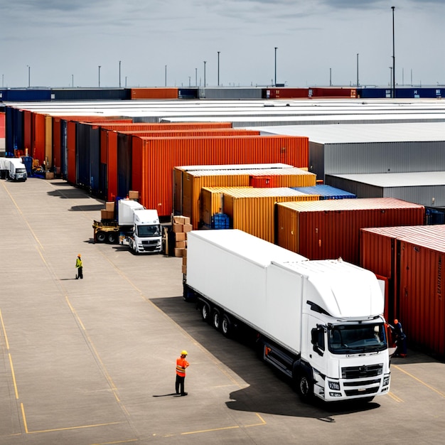 Logistics staff working outside large logistics warehouses