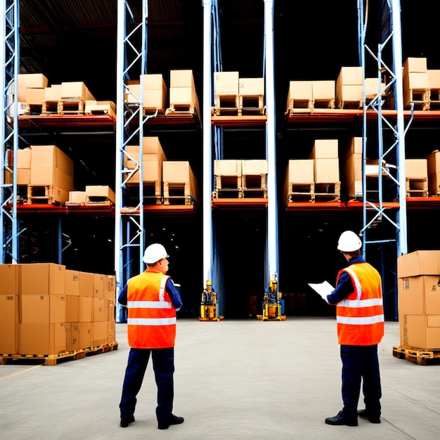 Logistics staff working outside large logistics warehouses