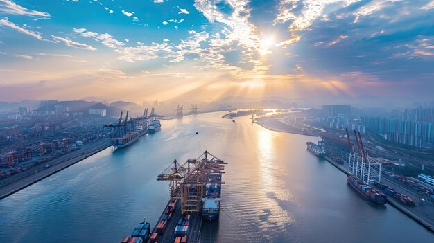 Photo logistics and transportation of container cargo ship and cargo plane with working crane bridge in shipyard at sunrise ai generated illustration