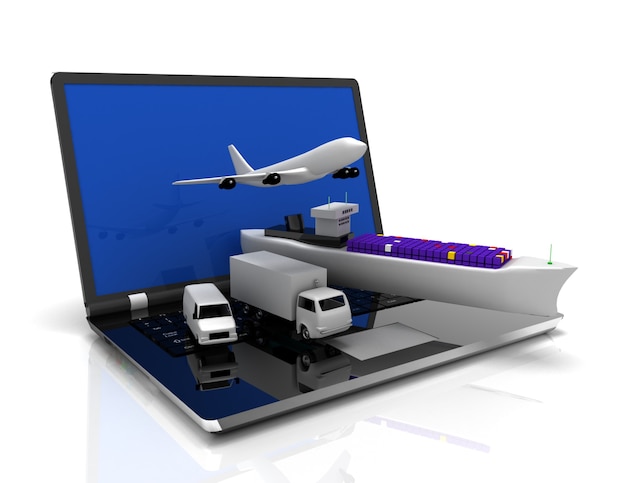 Logistiek concept. laptop, vliegtuig, schip, vrachtwagen. 3d-gerenderde afbeelding