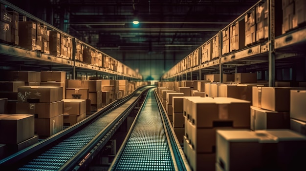 Logistiek Concept Parcel Boxes op een Logistiek Conveyor Belt extreme close-up Generatieve AI