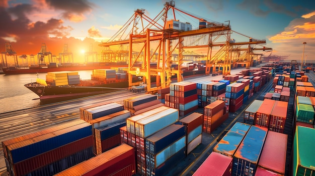 Logistiek Container Vervoer van vrachtschepen met werkende kraanbrug in diepzeehaven voor import