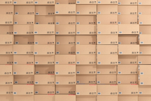 Logistiek, distributie- en leveringsconcept. Kartonnen pakketten en percelen dozen stapelen in magazijn als achtergrond extreme close-up. 3D-rendering