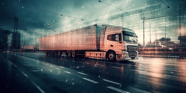 Logistiek en beheer van vrachtlevering en transport per transport. Trailertruck rijdt onderweg Generatieve AI-illustratie