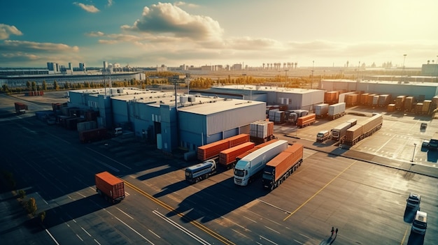 Logistiek en vervoer van containers vrachtschepen en vrachtvliegtuigen met werkende kraanbrug op de scheepswerf bij zonsopgang logistiek import export en transport industrie achtergrond
