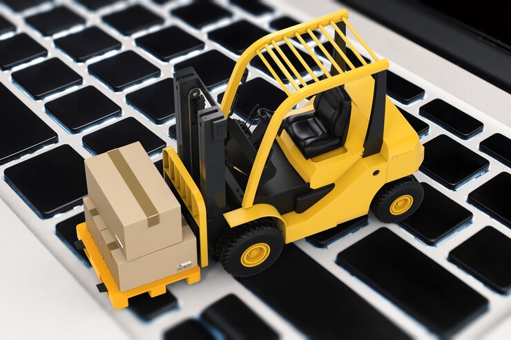 Foto logistiek informatieconcept met 3d-rendering kartonnen doos op vorkheftruck
