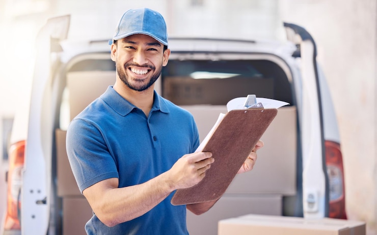 Foto logistiek portret en bezorger met busje met clipboard checklist en inspectie van bestellingen outdoor mannelijke werknemer en toeleveringsketen met documenten dozen en verzenddienst voor koeriersbedrijf