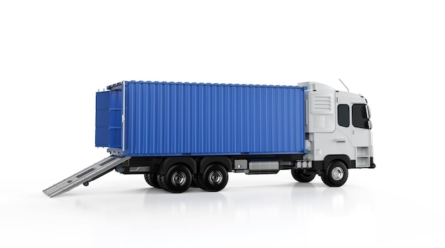 Logistieke aanhanger vrachtwagen of vrachtwagen met container open op witte achtergrond