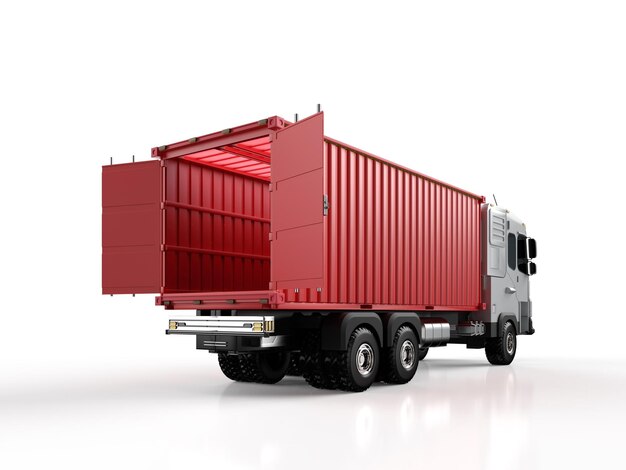 Logistieke aanhanger vrachtwagen of vrachtwagen met lege container open op witte achtergrond
