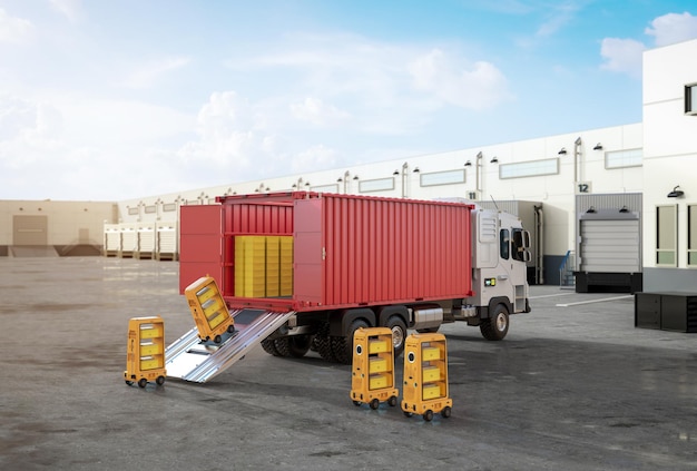 Logistieke aanhangwagen of vrachtwagen met robots laden kartonnen dozen