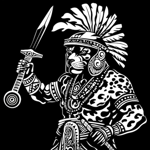 Logo Aztec Jaguar Warrior met een Macuahuitl met een Fierce Express T-shirt Tattoo Collage Design Art