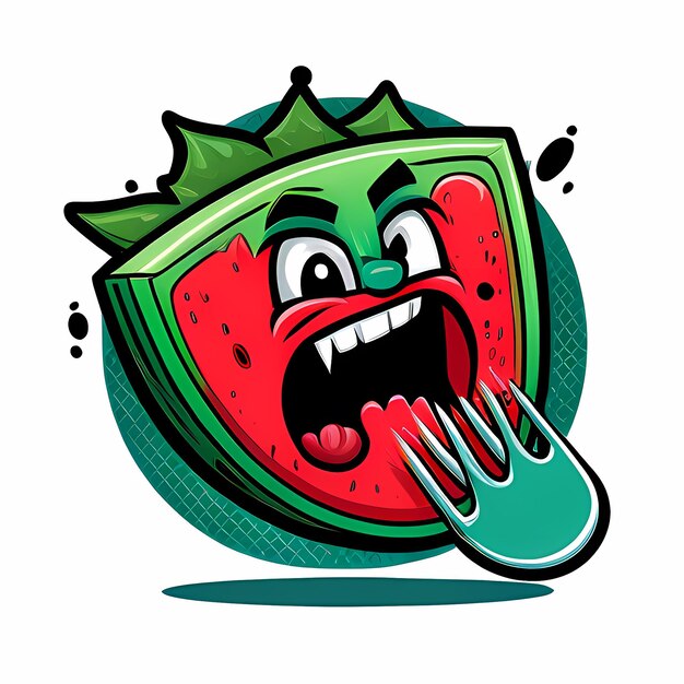 logo of a cartoon watermelon eating a snack with no background and no lettering