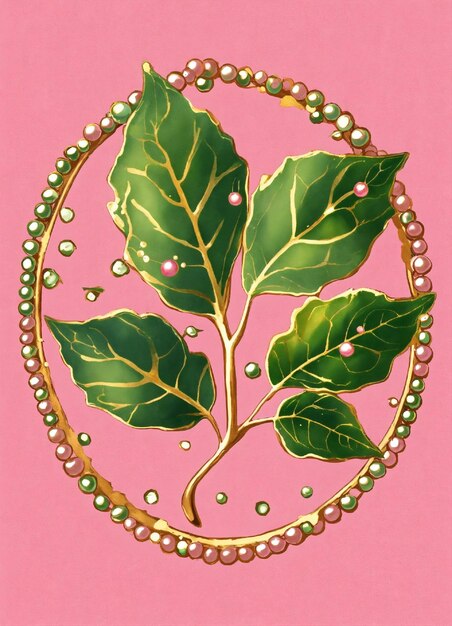 Photo logo clip art featuring one ivy leaf surrounded by twenty perfectly round pearls pink and green aes