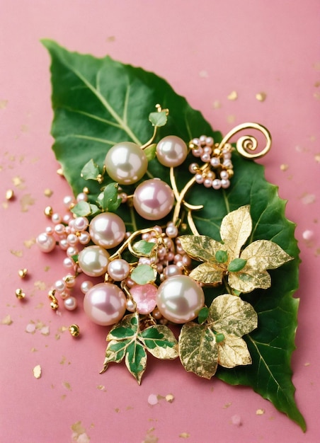 Photo logo clip art featuring one ivy leaf surrounded by twenty perfectly round pearls pink and green aes