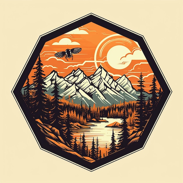 The logo design is in the shape of a honeycomb depicting a simple comicstyle mountain and a pine