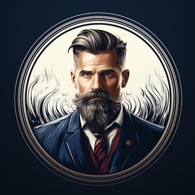 logo-embleem voor de herenkapper met een portret van een stijlvolle, modieuze man met een baard en snor op een zwarte achtergrond