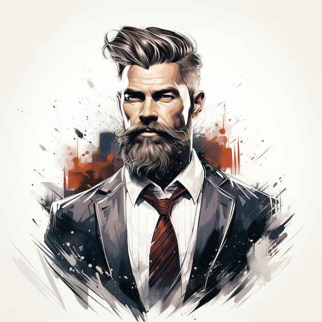 логотип-эмблема мужского салона парикмахерской с портретом стильного модного мужчины с бородой и усами на белом фоне